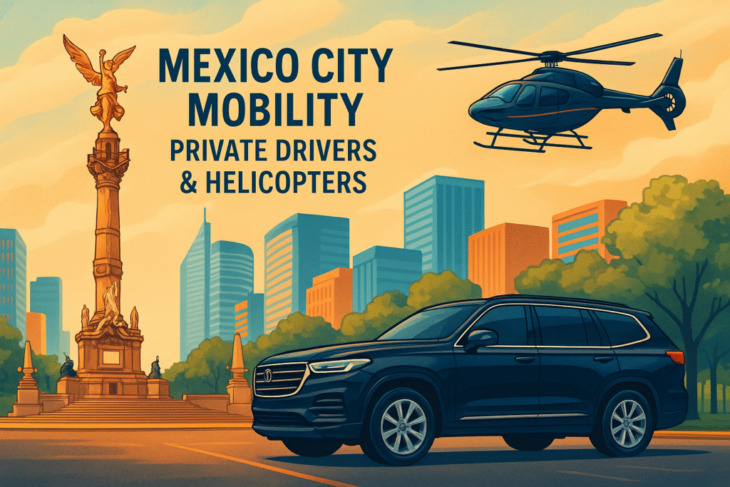 Illustration of luxury transportation in Mexico City featuring a black SUV, a helicopter, and the Angel of Independence—representing premium services from mexico-city-private-driver.com